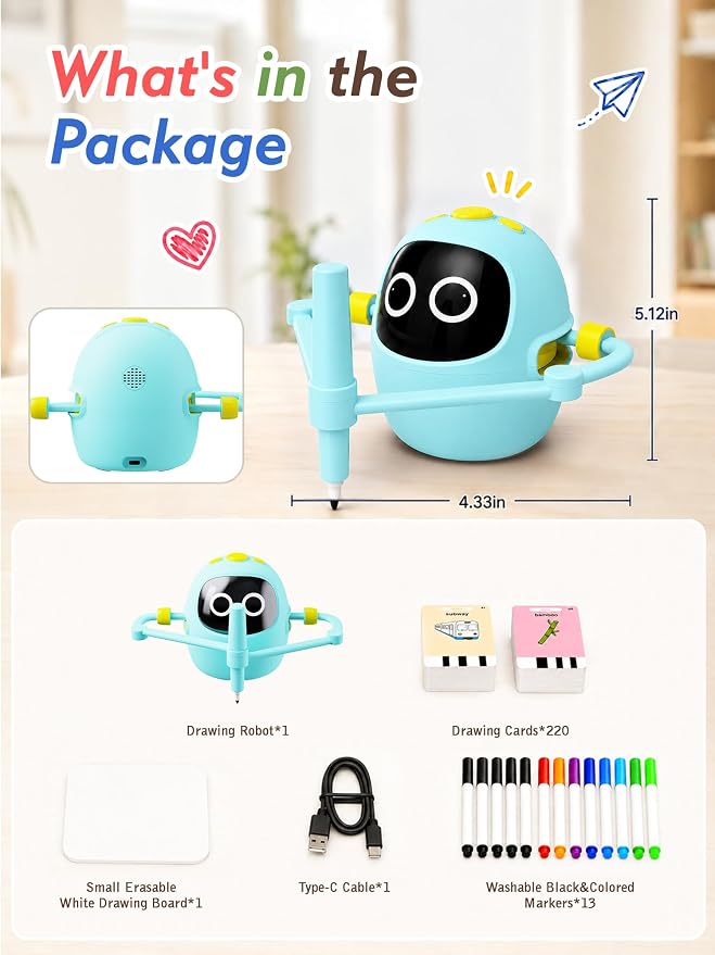 Kikapabi Drawing Robot Toys for Kids, 220 Flash Cards Gift for 3-8 Years Old Boys Girls, Montessori Doodle Art Painting with Voice Interactive for Beginners, Birthday (Blue) - Image 8