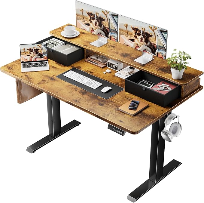Veken 47x28 in Electric Standing Desk with Drawers, Adjustable Table, Brown | Stand up Computer Desk for Home Office, Work & Study, with Storage, 3 Memory Presets, Cable Organizer, Hook, and Quiet Lift. by Veken