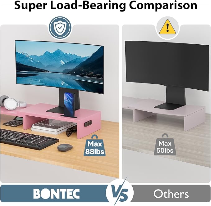 BONTEC Dual Monitor Stand Riser with Smartphone Holder, Adjustable Length & Swivel Angle, Ergonomic Wooden Desktop Organizer for PC Monitor, Laptop, Printer, Large Storage, 42.5 in, Pink - Image 5