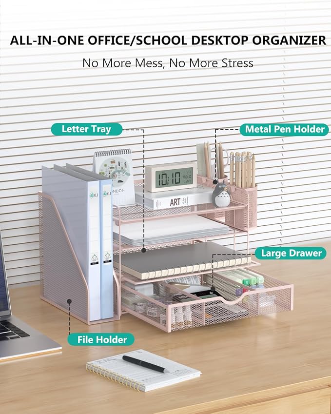 WALI Desk File Organizer, 4 Tier Desktop Paper Letter Tray Organizer with Drawer and 2 Pen Holders, Office Desk Accessories & Workspace Organizers for Office, Home Supplies(DO005DH-P), 1 Pack, Pink - Image 2