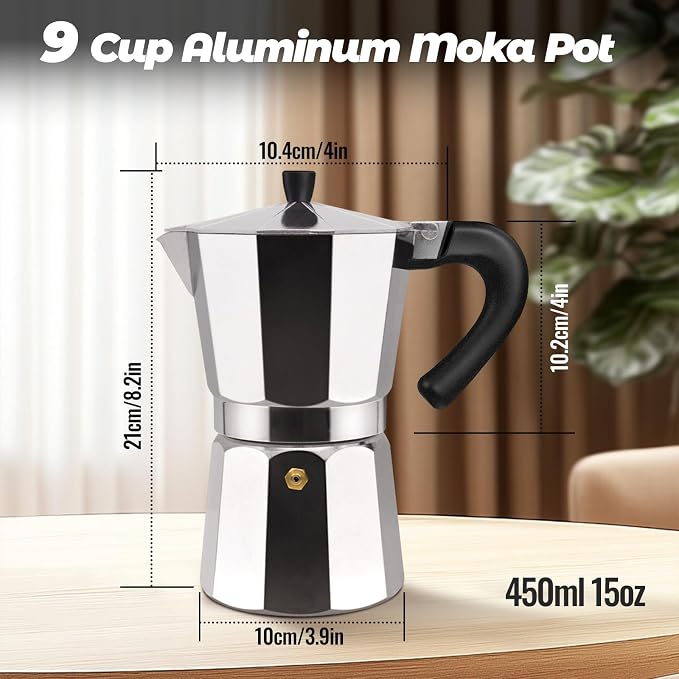 9 Cup Aluminum Moka Pot Classic Stovetop Espresso Coffee Maker 450ml 15oz Coffeemaker Percolator Mocha Pot Greca Coffee Maker Cafe Makers for Italian and Cuban Café Brewing Silver - Image 2