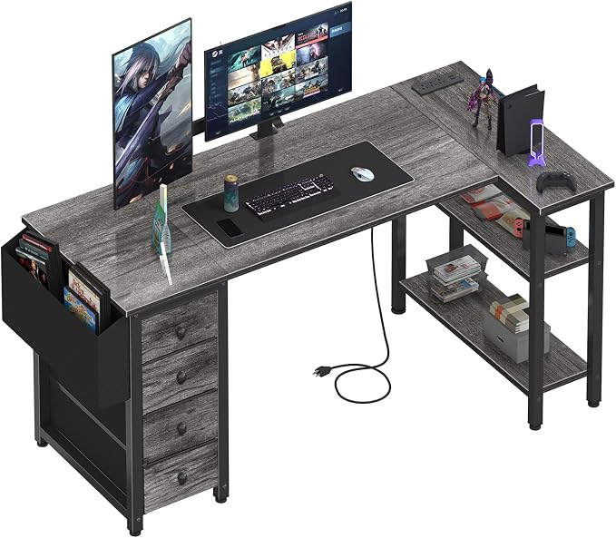 Lufeiya L Shaped Gaming Desk with Drawers & Storage Shelves, 55 Inch Corner Computer Desk with Power Outlet for Home Office Bedroom, L-Shaped Teen PC Desks with Fabric Drawer, Gray by LUFEIYA