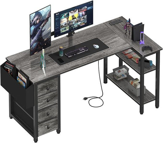 Lufeiya L Shaped Gaming Desk with Drawers & Storage Shelves, 55 Inch Corner Computer Desk with Power Outlet for Home Office Bedroom, L-Shaped Teen PC Desks with Fabric Drawer, Gray by LUFEIYA