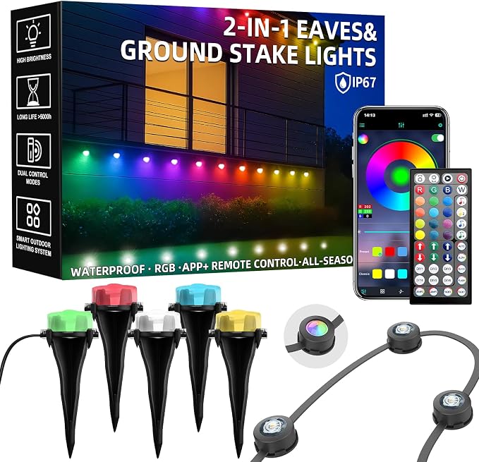 100 FT 2-in-1 Eaves & Ground Stakes LED String Lights, Outdoor RGB Light with App & Remote Control for House, Garden, and Landscape, Waterproof Smart Color-Changing Lighting for Holiday Everyday Decor by Geodurn