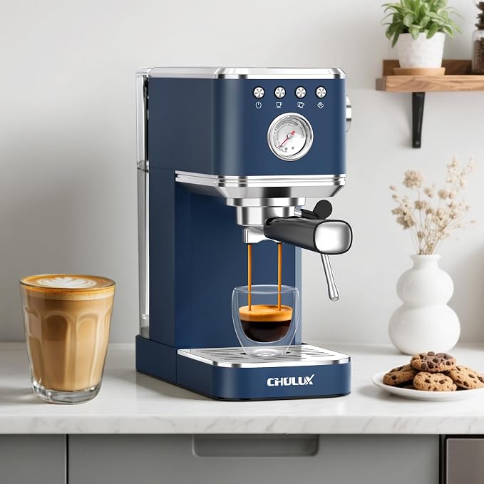 CHULUX Slim Espresso Machine with Milk Frother for Home Latte, Dark Blue | Precise Pressure Gauge, Food-Grade Materials, 20 Bar Italian Pump, Professional Temperature Control System, Stainless Steel - Image 5