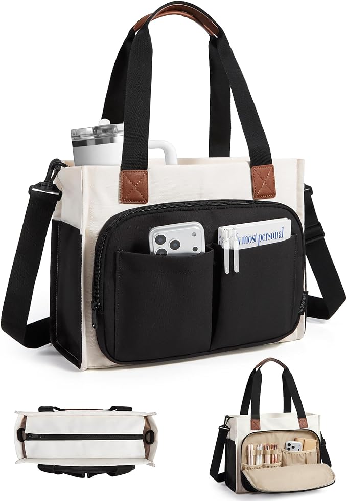 BAGSMART Small Tote Bag for Women, 13'' Laptop Canvas Work Bag with Zipper | 30oz/40oz Tumble & 11 Pockets Travel Tote, Teachers/Nurses, Lightweight Canvas or Water-Resistant Puffer Taslon Crossbody Bag by BAGSMART