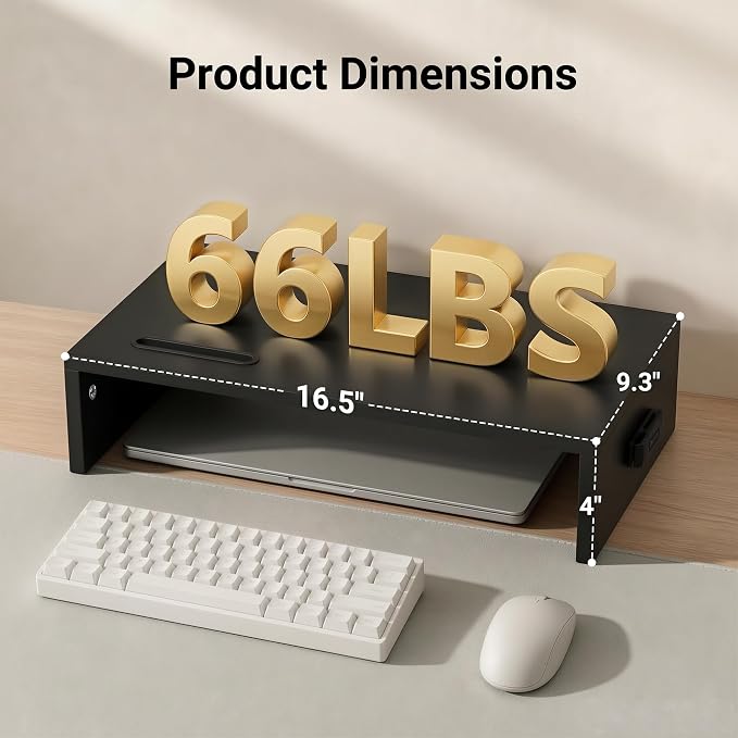 1home Monitor Stand Riser, 16.7 Inch Wood Monitor Riser Stand with Storage Organizer, Desktop Ergonomic Monitor Stand Riser with Cellphone Holder and Cable Management, Black | 16.7 Inch Wood Monitor Riser Stand, Desktop Stand for PC/TV/Laptop/Printer, ... - Image 2