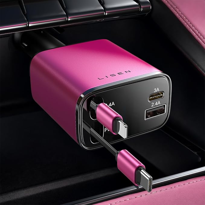 LISEN Retractable Car Charger, 84W Car Charger USB C Fast Charger Adapter, Car Accessories for Men Women, Gifts for Fathers Day for Men Dad Husband, for iPhone 17 16 15 14 13 12 Pro Max, Pink-Black | USB C Car Charger Fast Charge, Pink-Black Car Access... by Lisen