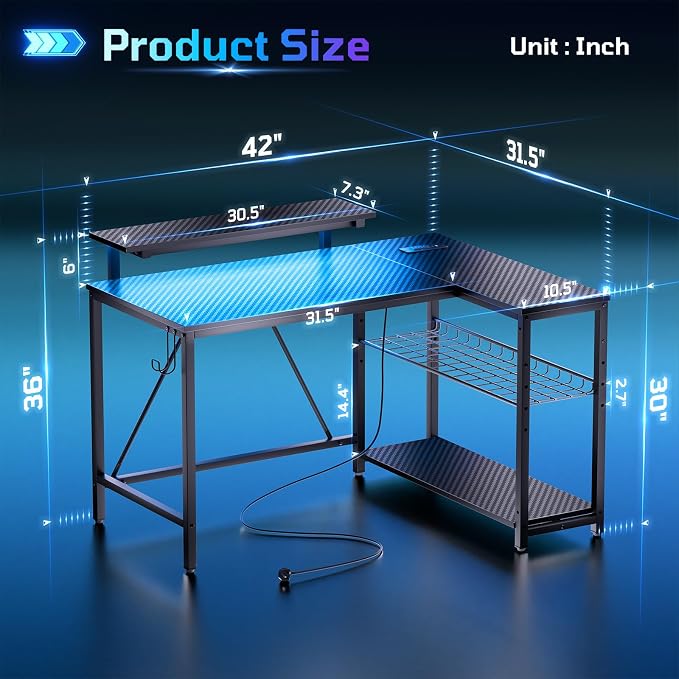 Bestier 42-Inch L-Shaped Computer Desk with Charging & LED, Black | Charging 2AC+USB+Type-C, RGB LED Strip, Reversible Shelves, Monitor Stand, Headphone Hook, Cable Mgmt, Small Space - Image 2