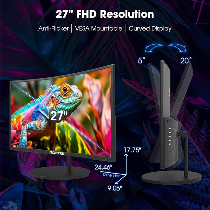 New! Sceptre Curved 27-inch Gaming Monitor 100Hz 1080p R1500 98% sRGB HDMI x2 VGA Build-in Speakers, VESA Wall Mount Machine Black 2026 (C275W-1920RN Series) - Image 6