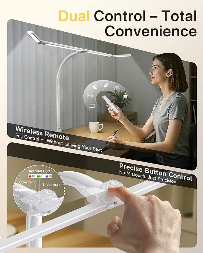 ONEMIX 42" LED Desk Lamp with Clamp, Architect Desk Light with Remote, Adjustable 4-Segment Bar, 1800LM Bright, Eye-Caring Desk Lamp for Home Office, Reading, Study, Dual Monitors, Workbench (White) - Image 3