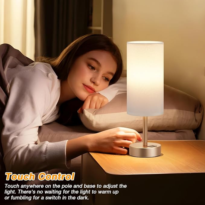 Dicoool Bedside Table Lamp for Bedroom - 3-Way Dimmable Touch Lamp, USB A+C | LED Bulb Included, 14" Small Nightstand Lamp for Desk, Living Room, Dorm, White Fabric Lampshade, Antique White Metal Base - Image 2
