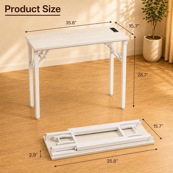 Folding Table Computer Desk - 35.8" No Assembly Folding Desk with Power Outlets & USB Charging Port, Small Desk, Foldable Office Desk, Compact Storage Portable Use for Small Space, White Ash - Image 3