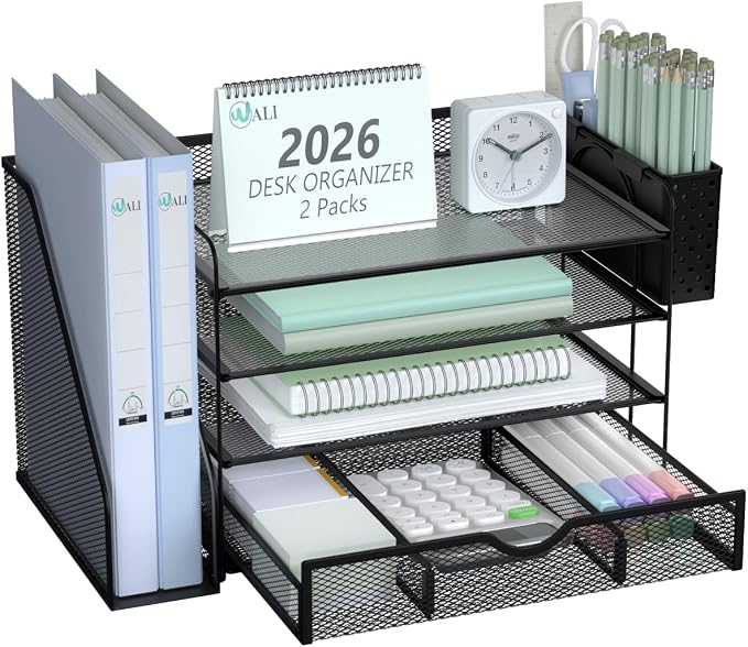 WALI Desk File Organizer, 4 Tier Desktop Paper Letter Tray Organizer with Drawer and 2 Pen Holders, Office Desk Accessories & Workspace Organizers for Office, Home Supplies(DO005DH-2B), 2 Packs, Black by WALI