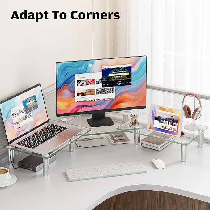 Hemudu Dual Monitor Stand -Adjustable Length and Angle Dual Monitor Riser, Desktop Organizer for PC, Computer, Laptop (Clear) - Image 4