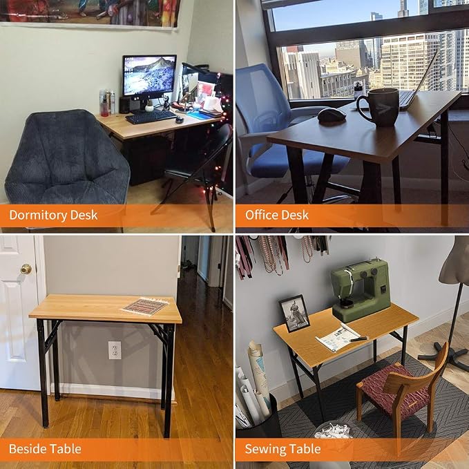 Need Small Computer Desk 31.5 Inch Folding Home Office Table Teak | Black Frame Writing Gaming Work Table/Sturdy Foldable Study Table for Small Space/Dormitory, No Assembly Required - Image 5