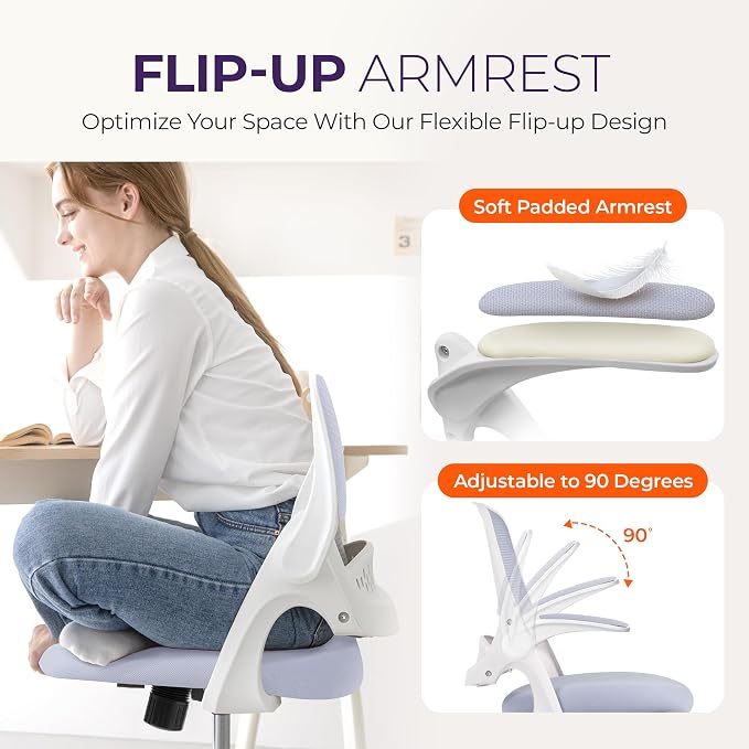NEO CHAIR Office Desk Gaming Ergonomic Computer Chair with Lumbar Back Support Adjustable Height Swivel Rolling Wheels Flip-up Arms Mesh Chair for Home Vanity (Purple) | Lumbar Support, Height Adjustment, 360° Swivel and Rolling Base, Space-Saving Desi... - Image 5