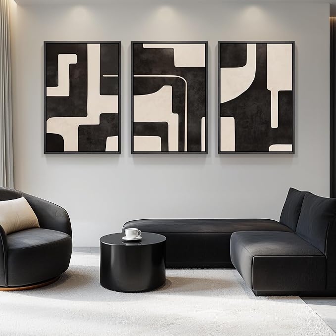 Large Framed Neutral Abstract Wall Art for Living Room, 3 Piece Black Beige Canvas Prints Paintings Artwork for Walls, Modern Minimalist Abstract Pictures for Hallway Office Wall Decor 24x36 In - Image 4
