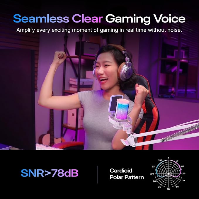 MAONO DGM20S USB Microphone for PC with Clear Voice & Noise Reduction | RGB Lighting, Tap-to-Mute, Gain Control, Monitoring and Boom Arm for Discord Gaming, Streaming, Content Creation.White - Image 4