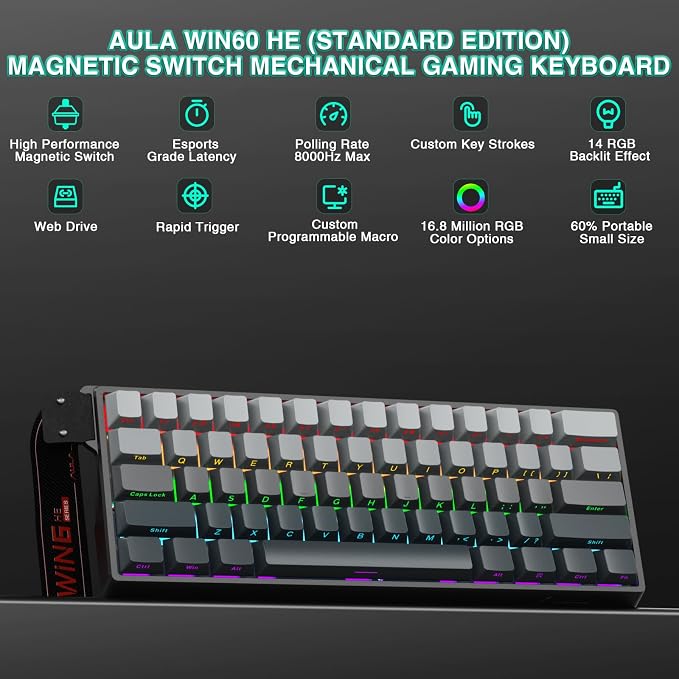 Aula WIN60 HE - 60% Mechanical Gaming Keyboard Wired, Hall Effect Magnetic Switch Hot Swappable,8000 Hz Polling Rate, RGB Keyboard 60 Percent Compact Design for PC (Gradient Gray) - Image 2