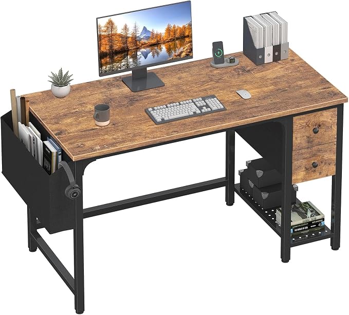 Lufeiya Computer Desk with Fabric Drawers, 47 Inch Desk for Small Space Home Office, Modern Simple Study Writing Table PC Desks for Bedroom, Rustic Brown by LUFEIYA