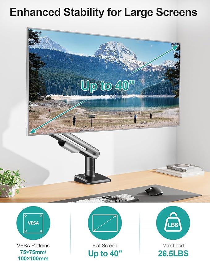 MOUNT PRO Single Monitor Desk Mount for Max 40 Inch Screens, Adjustable Gas Spring Monitor Arm Holds up to 26.5lbs, Computer Monitor Stand with Clamp and Grommet Base, VESA Mount 75x75mm/100x100mm - Image 2