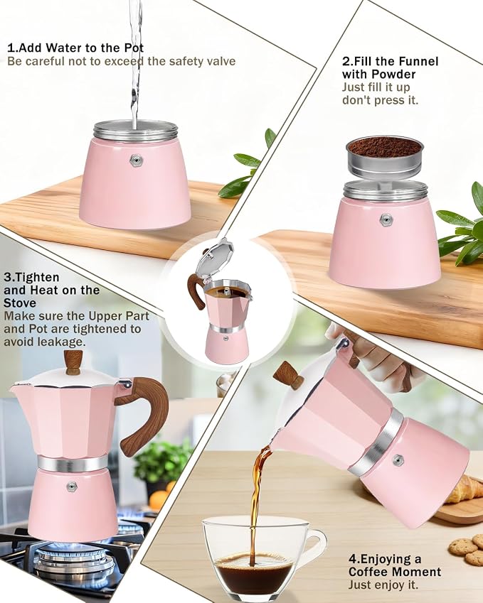 Coffee Maker Stovetop Espresso Maker 12 Cup Aluminum Moka Pot Percolator 20oz 600ml Easy Brewing for Electric Ceramic Stoves Home Camping Italian Cuban Café Classic Pink - Image 9