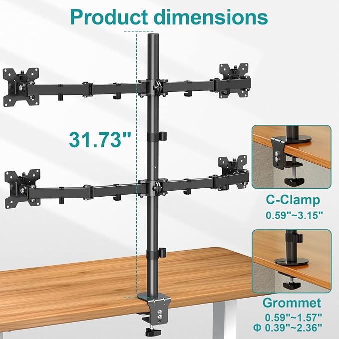 MOUNT PRO Quad Monitor Stand, 4 Monitor Mount for 13 to 32 inch Computer Screens, Hold up to 17.6lbs Each, Fully Adjustable Stacked 4 Desk Arm, VESA Mount, C clamp/Grommet Base - Image 3