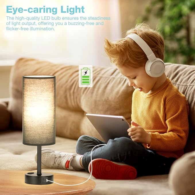 Fenmzee Black Bedside Lamp for Bedroom, Dimmable Touch, USB A+C, AC Outlet | 3-Way Dimmable, LED Bulb Included, USB C+A Charging Ports, Black Fabric Lampshade, Metal Base, 14in Small Table Lamp - Image 4