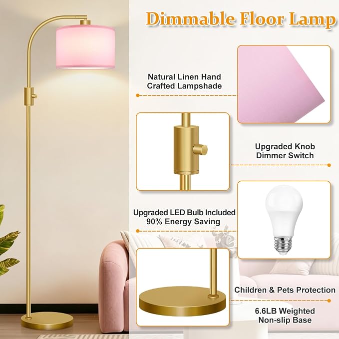 Nintiue Dimmable Floor Lamp, 1200 Lumens LED Edison Bulb Included, Arc Gold Floor Lamps for Living Room Modern Standing Lamp with Pink Linen Shade - Image 4