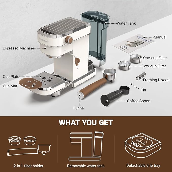 Espresso Machine, Expresso Coffee Machines for Home, 20 Bar Cafetera Espresso with Milk Frother Steam Wand, Compact Small Coffee Maker for Latte and Cappuccino (Pear White, Stainless Steel, Gift) - Image 5
