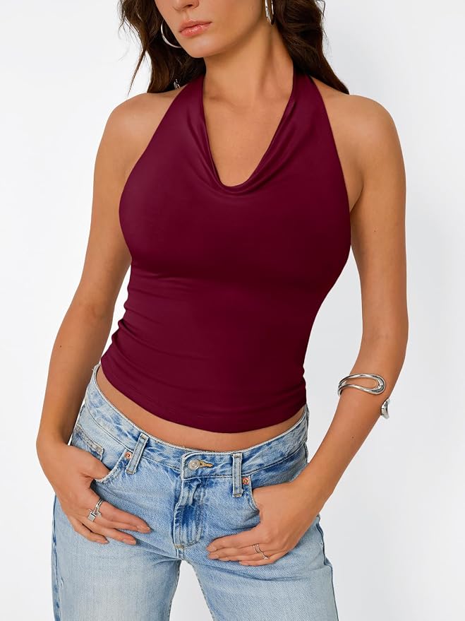 Trendy Queen Halter Tops for Women Going Out Summer Top | Cowl Neck Shirts, Sexy Backless, Fashion Y2K Clothes, Perfect for Party, Club, Vacation, Pair with High-waisted Bottoms - Image 2
