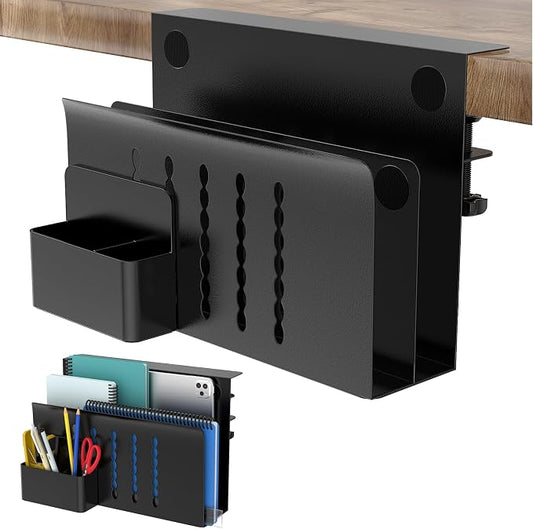 HAMOPY Desk Side Storage, 2 Tier Steel Hanging Desk Organizer with Magnetic Pen Holder, No Drilling Standing Desk Drawer Cable Management Tray, Under Desk Laptop Holder for Office, School&Home (Black) by HAMOPY