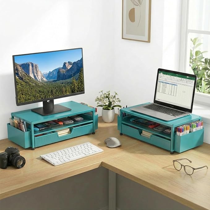 ECOLOVI Desk Organizer and Accessories, 2-Tier Computer Monitor Stand Rise with Storage Drawer & 2 Pen Holders, Laptop & Printer Stand for Desktop, Workspace Organizers for Office Supplies (Blue) - Image 5