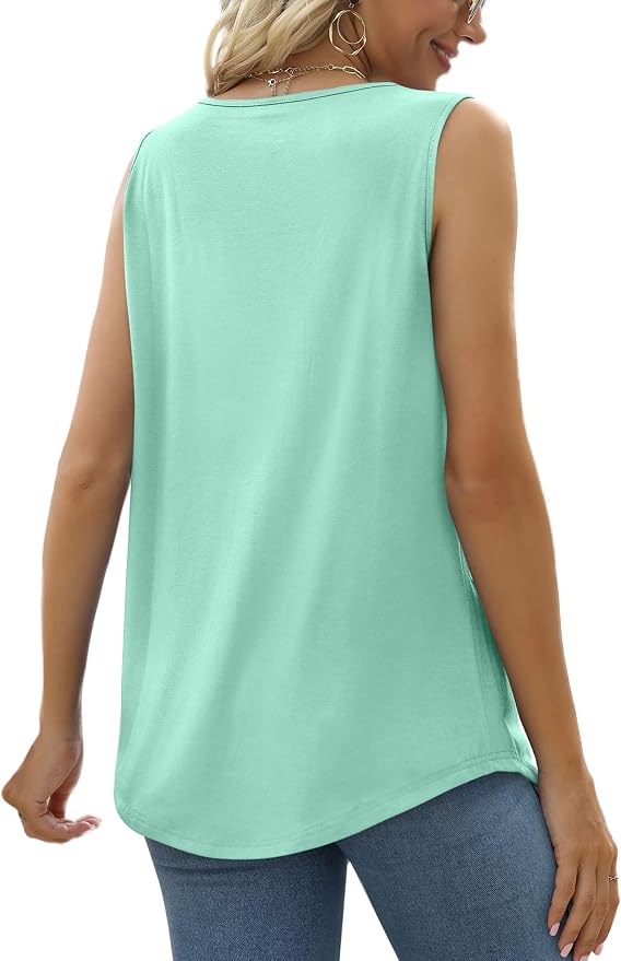 Saloogoe Summer Tank Tops for Women Loose Fit Pleated Square Neck Sleeveless Tops Curved Hem Flowy - Image 4