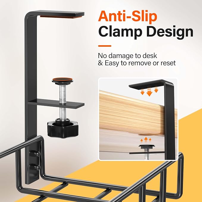 2 Pack Cable Management Under Desk Tray, 31.4" No Drill Under Desk Wire Management with Upgraded Clamp, Metal Cord Organizers for Desk with Cable Organizers, PC Cable Management Rack, Black - Image 5