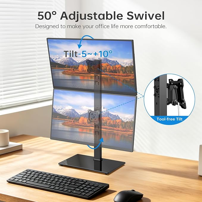 Vertical Dual Monitor Stand for 13-32 Inch Monitors, No Clamp, Freestanding | Supports 44 lbs/Arm | Tempered Glass Base | ±25° Swivel | -5° to +10° Tilt | 8 Height Options | VESA 75×75/100×100 mm - Image 4