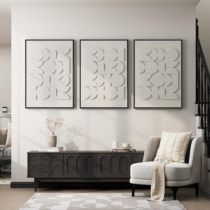 Large 3D Textured Framed Abstract Wall Art for Living Room, Set of 3 Modern White Paintings Artwork for Walls, Minimalist All White Geometric Pictures for Bedroom Hallway Office Wall Decor 24x36 In - Image 5