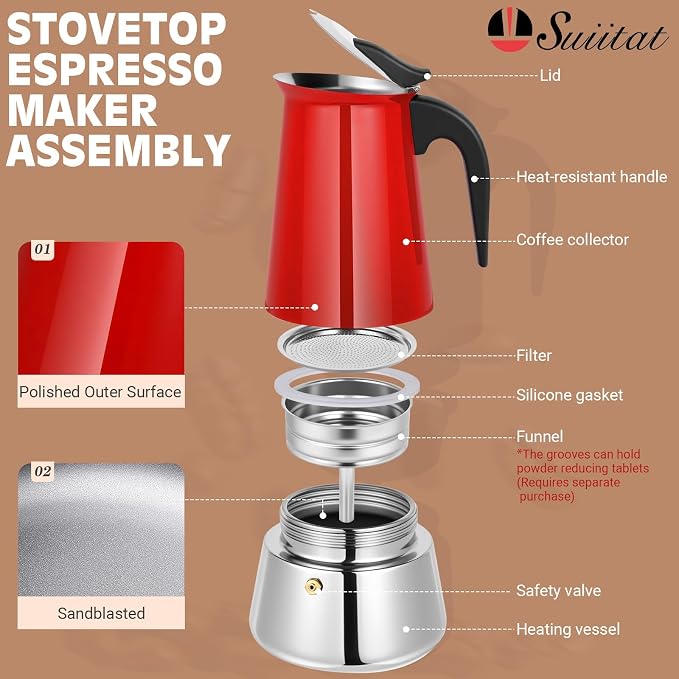 4 Cup Stainless Steel Moka Pot, 200ml Stovetop Espresso Maker, Red | 304 Stainless Steel Mocha Pot, Induction Compatible, Greca de Cafe, Cuban and Italian Coffee Maker - Image 2