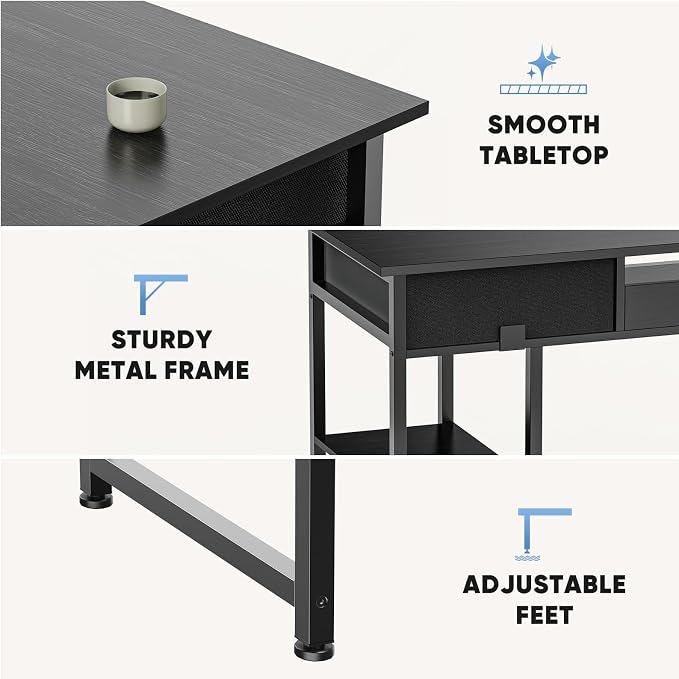 DUMOS 48-Inch Computer Desk with Drawers, Hook and Side Bag, Black | Home Office Desk for Bedroom, Gaming Writing Study Desk with Adjustable Feet - Image 6