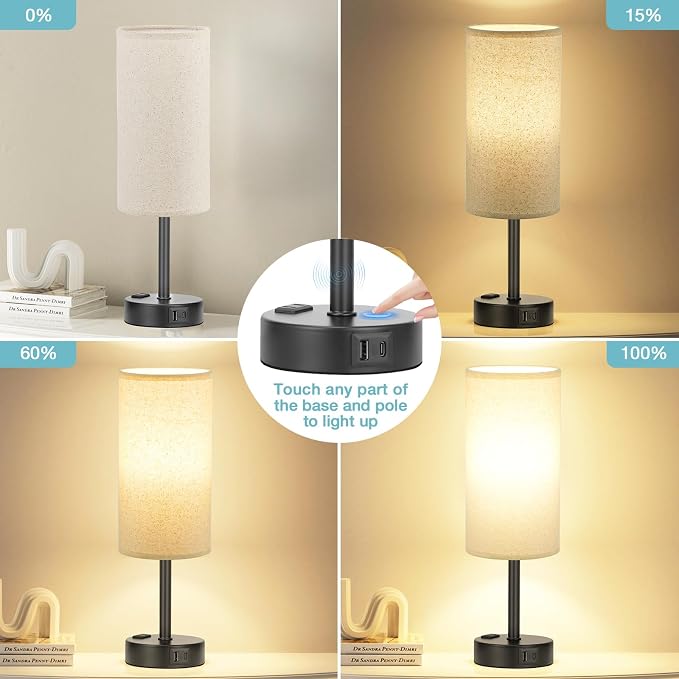 Fenmzee Beige Touch Table Lamp for Bedroom - 3 Way Dimmable Bedside Lamp USB C Charging Ports and AC Outlet, Small Lamp with Fabric Shade Black Base for Living Room, Office Desk, LED Bulb Included - Image 2
