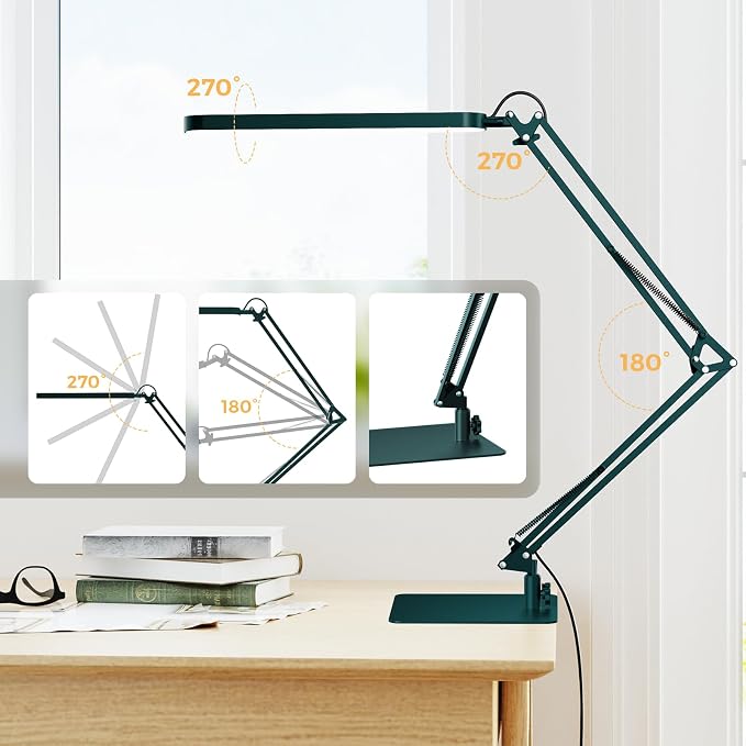 SKYLEO LED Desk Lamp with Slim Base - Adjustable Swing Arm Desk Light, Dimmable, Timer, Eye Protection, Memory Function, 1300LM, 12W, Green - Image 4
