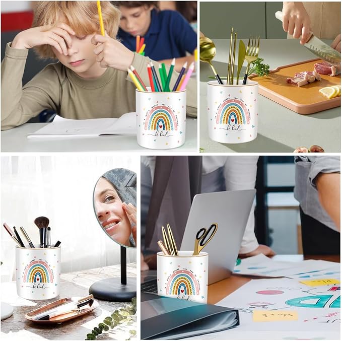 Pen Holder, Ceramic Durable Pencil Cup for Desk， Simple&Modern Style Makeup Organizer, Cute Multifunctional Office Supplies for Home, Kids and School, Rainbow Pattern - Image 4