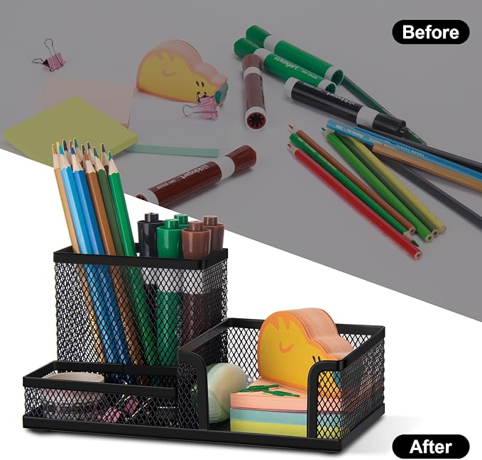 Comix 2 Packs Mesh Pen Holder, Desk Organizer for Home Office, Black | 3 Compartment Pencil Holder, Sticky Notes Holder, Pen Organizer Office Supplies - Image 7