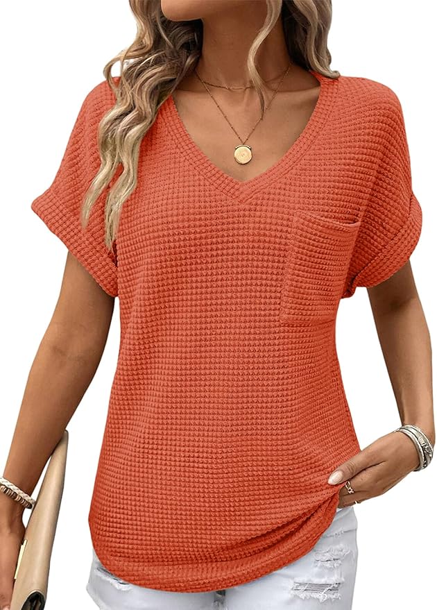 Dokotoo Womens Waffle Knit Tops 2026 Spring Summer V Neck Shirts Casual Trendy Women's Blouses Basic Tee by Dokotoo