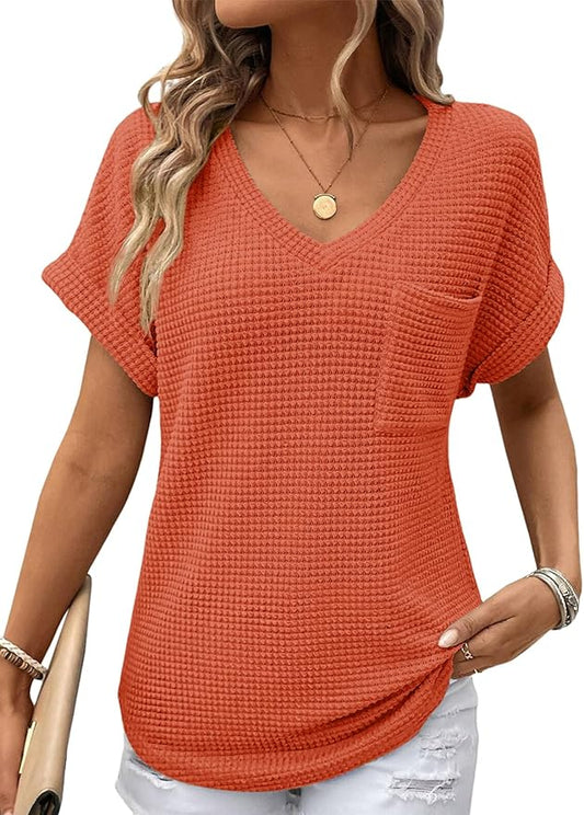 Dokotoo Womens Waffle Knit Tops 2026 Spring Summer V Neck Shirts Casual Trendy Women's Blouses Basic Tee by Dokotoo
