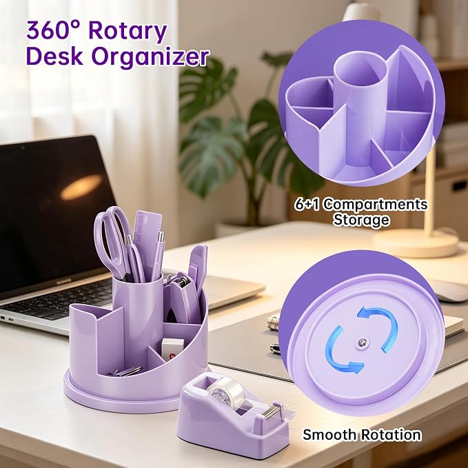 deli Office Supplies Set, Desk Accessory Organizer Kit, Purple | Stationary Set, Desk Supplies with Rotating Multi-Functional Pen Holder &Stapler Set for Office, School, Home - Image 4
