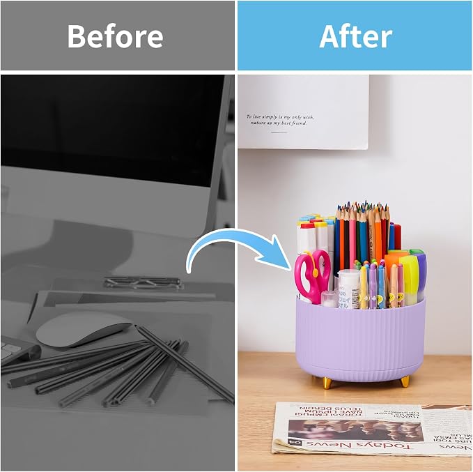 Marbrasse Desk Organizer, 360-Degree Rotating Pen Holder, Desk Organizers and Accessories with 5 Compartments Pencil Holder, Art Supply Storage Box Caddy for Office, Home（Purple） - Image 6