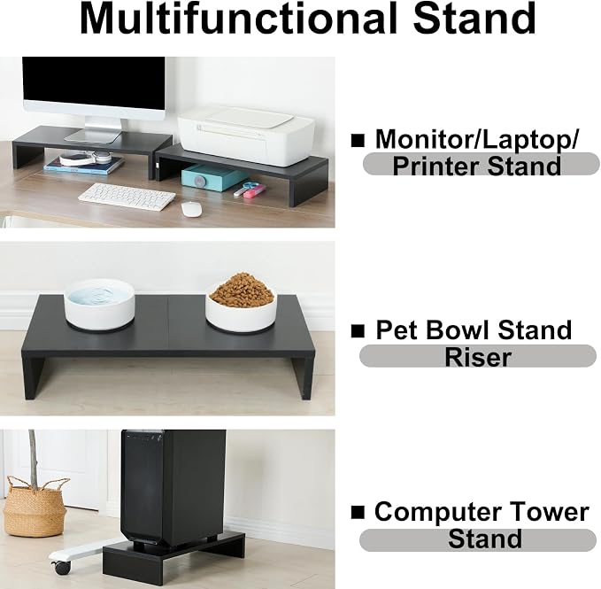 TEAMIX 2 Pack Monitor Stand Riser-20 inch, Black Desktop Stand for PC/TV/Laptop/Printer, Keyboard Shelf Organizer Wood Monitor Riser with Storage - Image 4