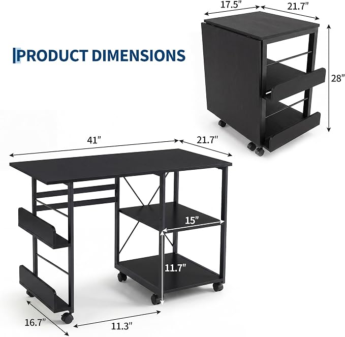 Garvee Folding Desk with Wheels, 31.5" Foldable Computer Desk with Storage Shelf, Space Saving Rolling Home Office Desk for Small Spaces, Portable Writing Table with Side Organizer, Black - Image 2